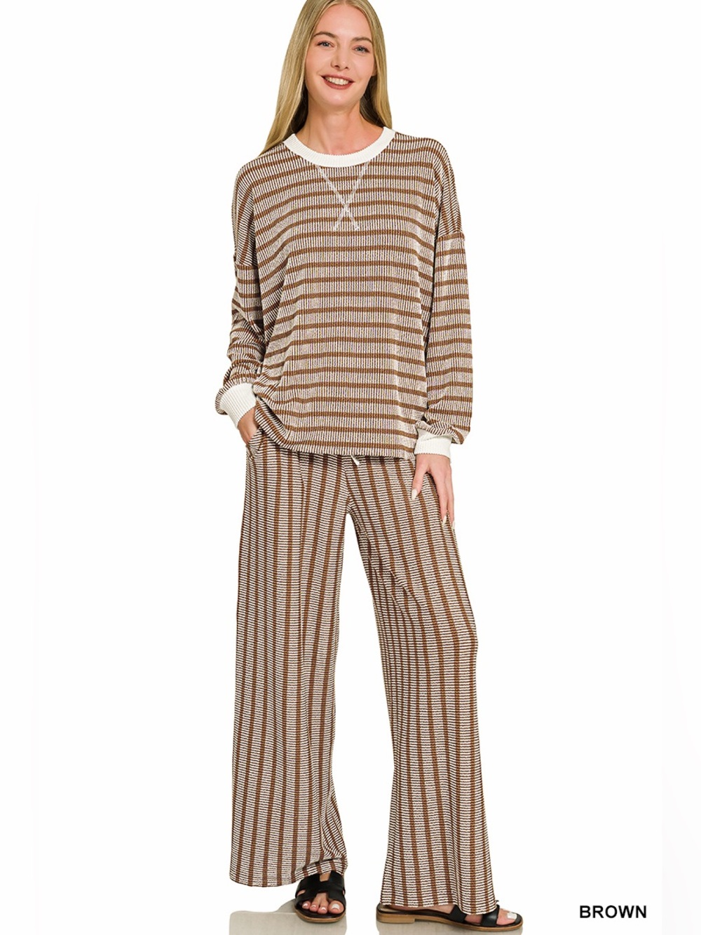 Zenana Brown Striped Wide-Leg Lounge Pants